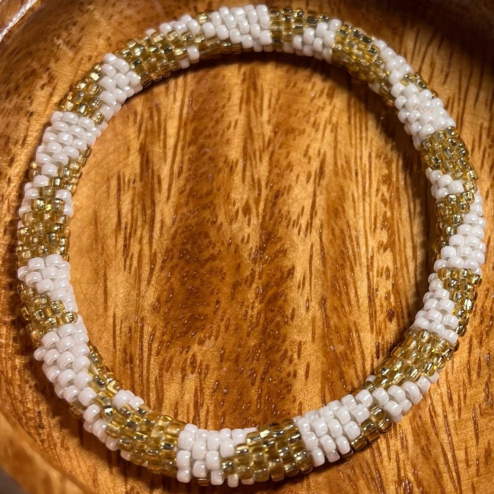 Crocheted Bead Bracelet Roll On Roll Up White and Gold Glass Seed Beads